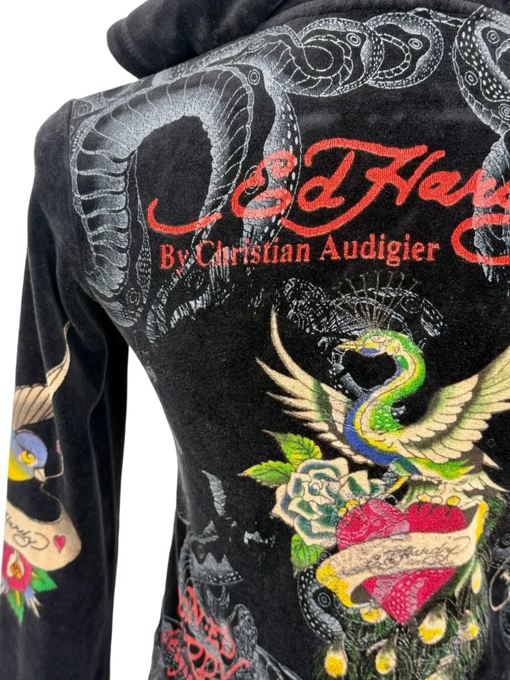 VTG Ed Hardy Black Velour Zip Up Tattoo Hoodie | McBling Indie Sleaze Trashy Y2K - Picture 13 of 16